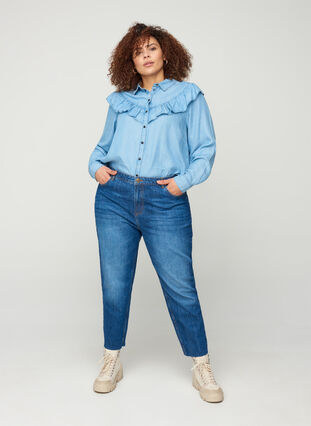 Cropped mom fit Mille jeans med en løs passform, Blue denim, Model image number 2