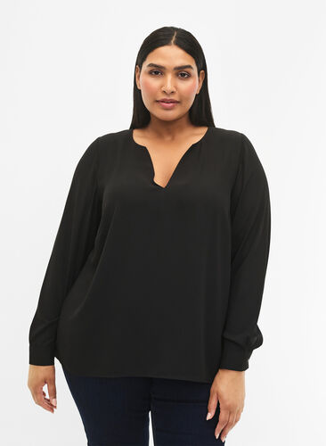 Bluse med lange ermer og rynker på ryggen, Black, Model image number 0