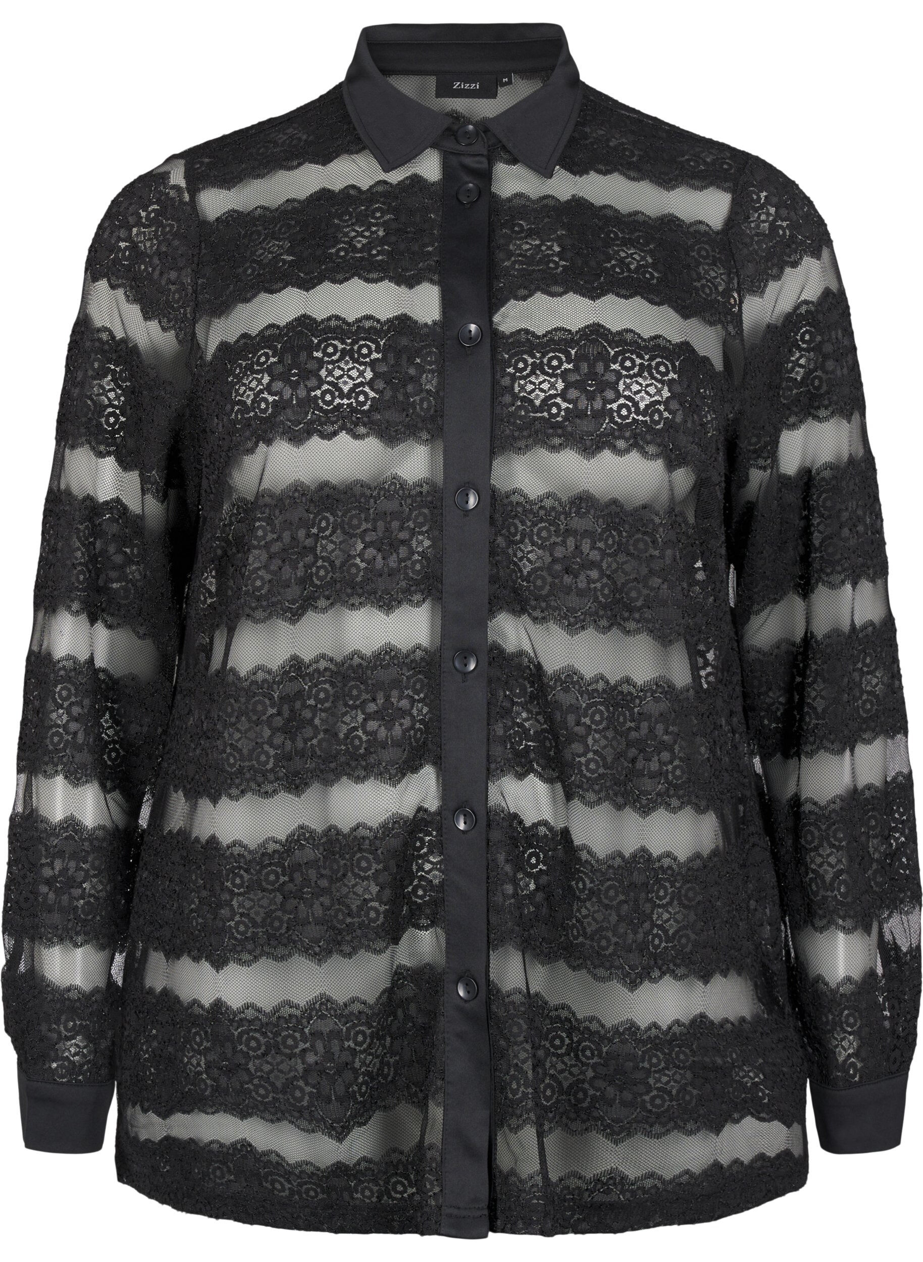 Zizzi L&oslash;s skjorte med blonder og gjennomsiktig mesh, Black, Packshot image number 0