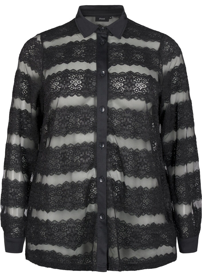 Løs skjorte med blonder og gjennomsiktig mesh, Black, Packshot image number 0