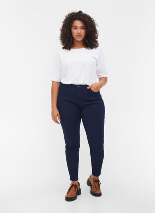 Amy jeans med høyt liv og 4-way stretch, Dark blue, Model image number 0