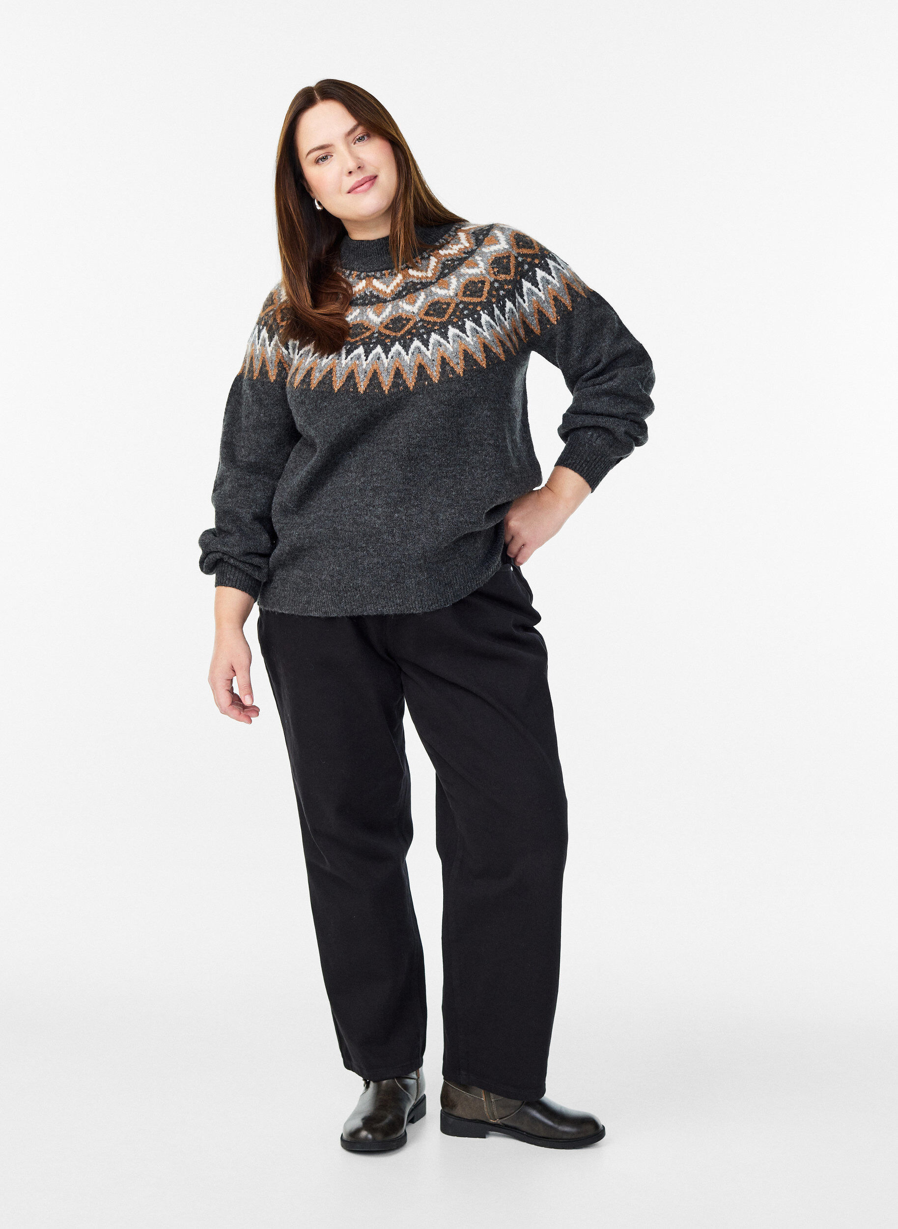 Zizzi Strikkebluse med m&oslash;nster og h&oslash;y hals, Gr&aring;, Model image number 1