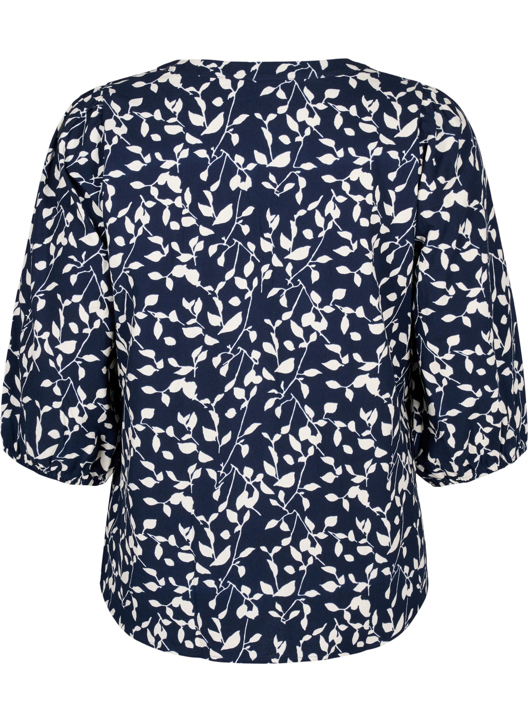 Zizzi Bomullsbluse med trykk og trekvartlange ermer, Navy Blazer Leaf, Packshot image number 1