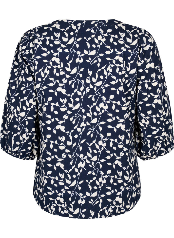 Bomullsbluse med trykk og trekvartlange ermer, Navy Blazer Leaf, Packshot image number 1
