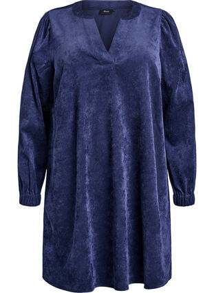 Zizzi Kort fløyelskjole med lange ermer, Peacoat, Packshot image number 0