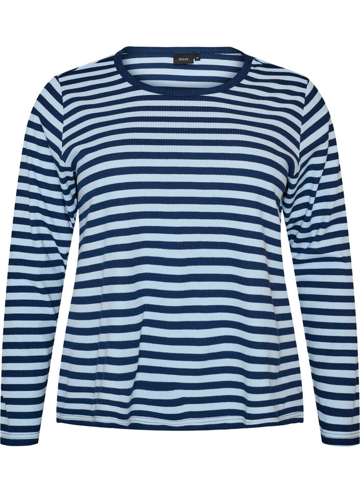 Langermet nattopp i ribbestrikket jersey med striper, Bl&aring;, Packshot image number 0