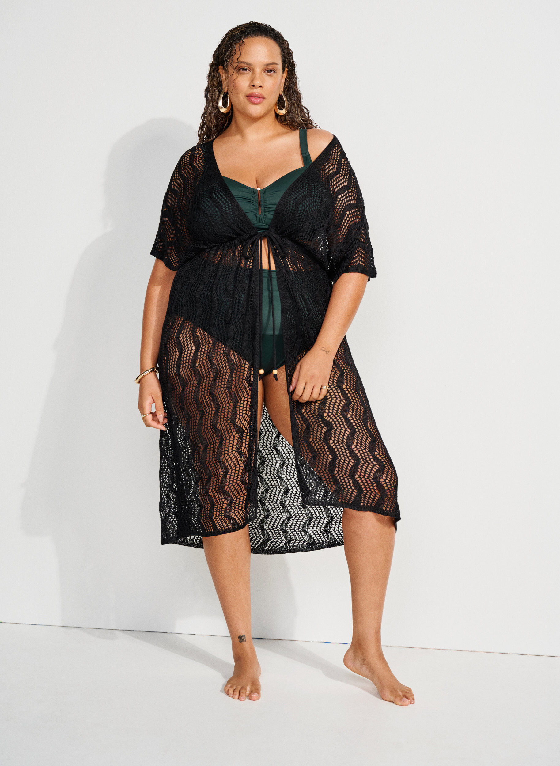 Zizzi Strandkimono med knytebelte, Svart, Image image number 0