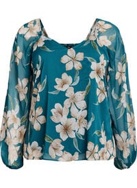 Chiffonbluse med blomstertrykk og lange ermer, Grønn Chiffonbluse med blomstertrykk og lange ermer