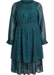 Midikjole i chiffon med prikket mønster, Grønn