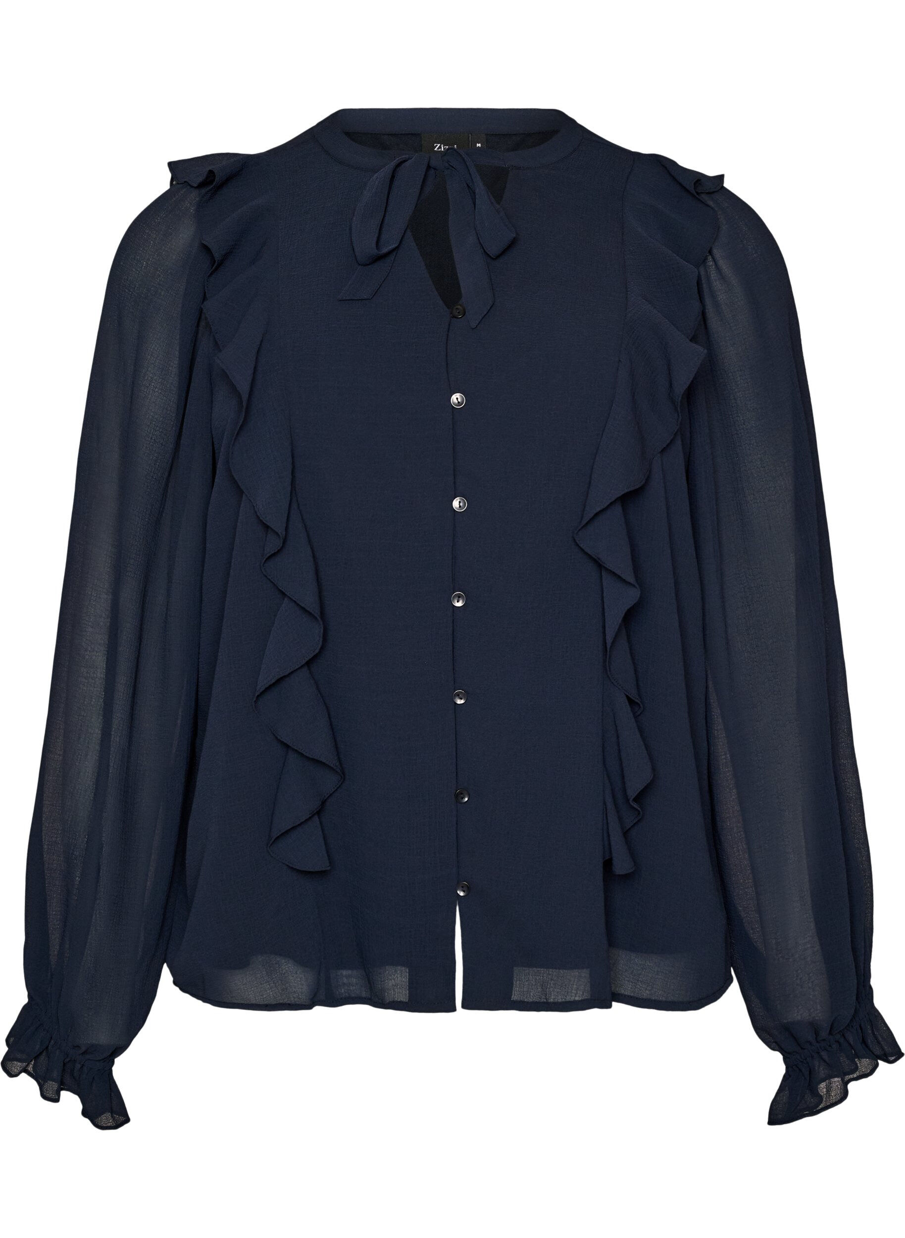 ZizziGjennomsiktig bluse med volanger og knyte-lukking, Bl&aring;, Packshot image number 0