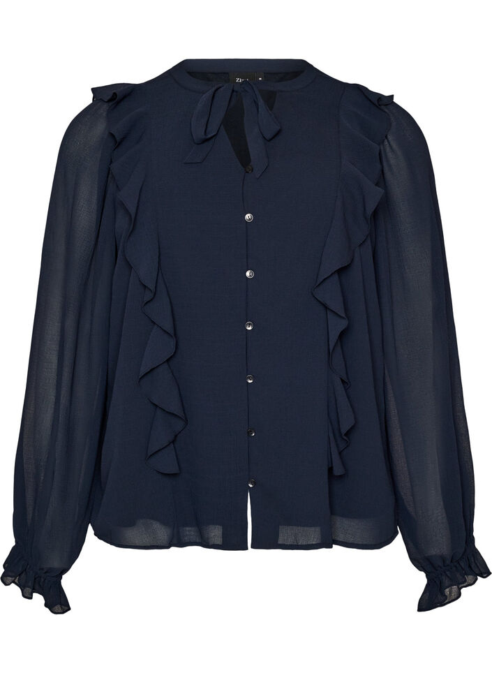 Gjennomsiktig bluse med volanger og knyte-lukking, Bl&aring;, Packshot image number 0
