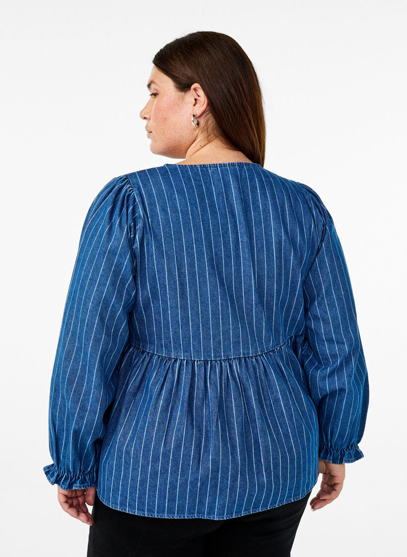 Stripete denimbluse med knyting foran, Blå, Model image number 2