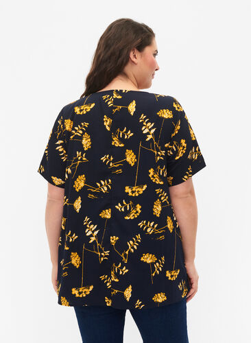FLASH - Bluse med korte ermer og mønster, Night Sky Yellow AOP, Model image number 1