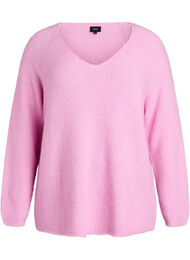 Strikkebluse med V-hals og raglanermer, Rosa