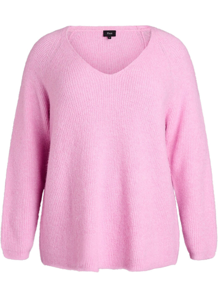 Strikkebluse med V-hals og raglanermer, Rosa, Packshot image number 0