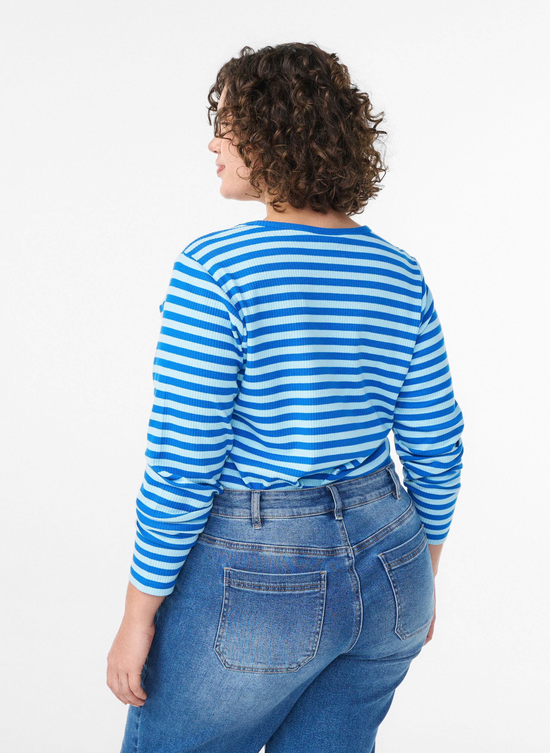 ZizziStripete bluse med lange ermer, Bl&aring;, Model image number 2