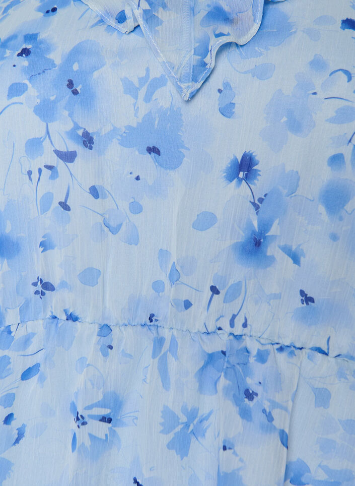 Blomstret bluse med volangkrage og peplumeffekt, Bl&aring;, Packshot image number 2