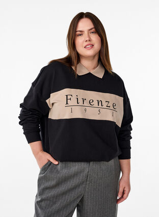 Zizzi Organisk bomullsgenser med krage og kontrasttrykk, Black w. Simply Taup, Model image number 0