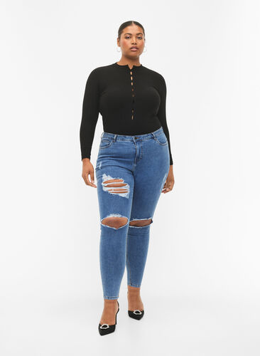 Langermet, ribbestrikket bluse med hulldetaljer, Black, Model image number 2