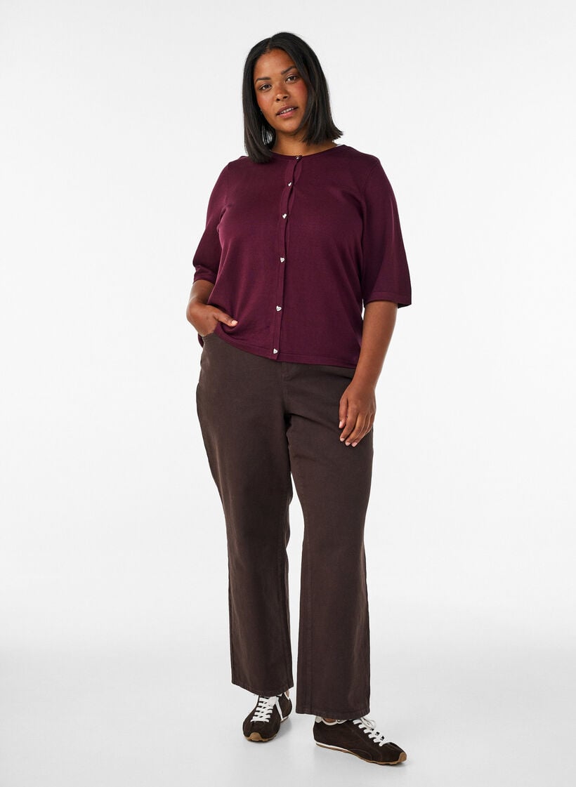 Strikket cardigan med hjerteknapper og korte ermer, R&oslash;d, Model image number 1