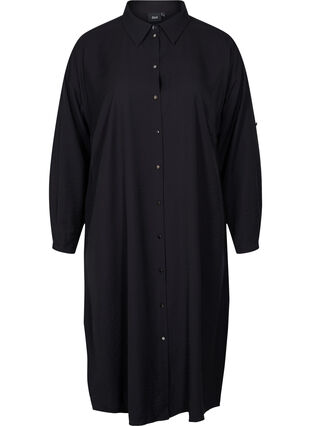 Lang viskoseskjorte med splitt, Black, Packshot image number 0