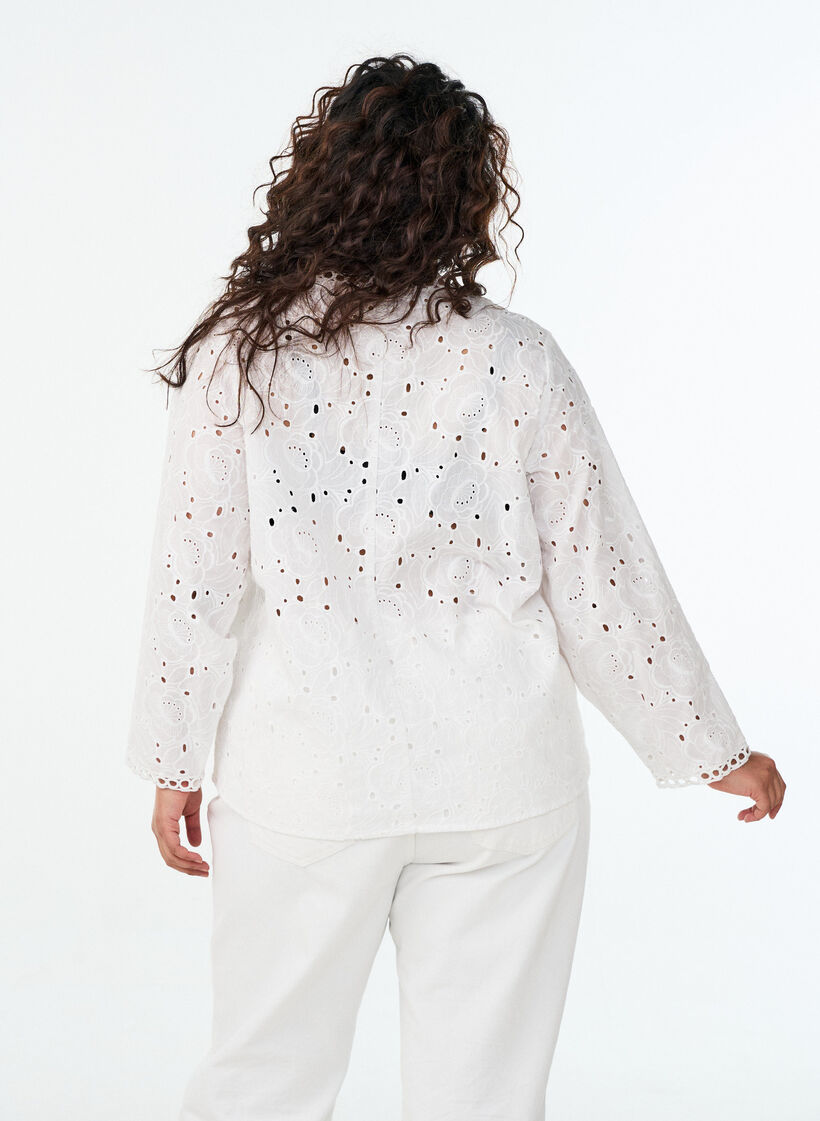 Langermet bomullsbluse med broderie anglaise, Hvit, Model image number 1
