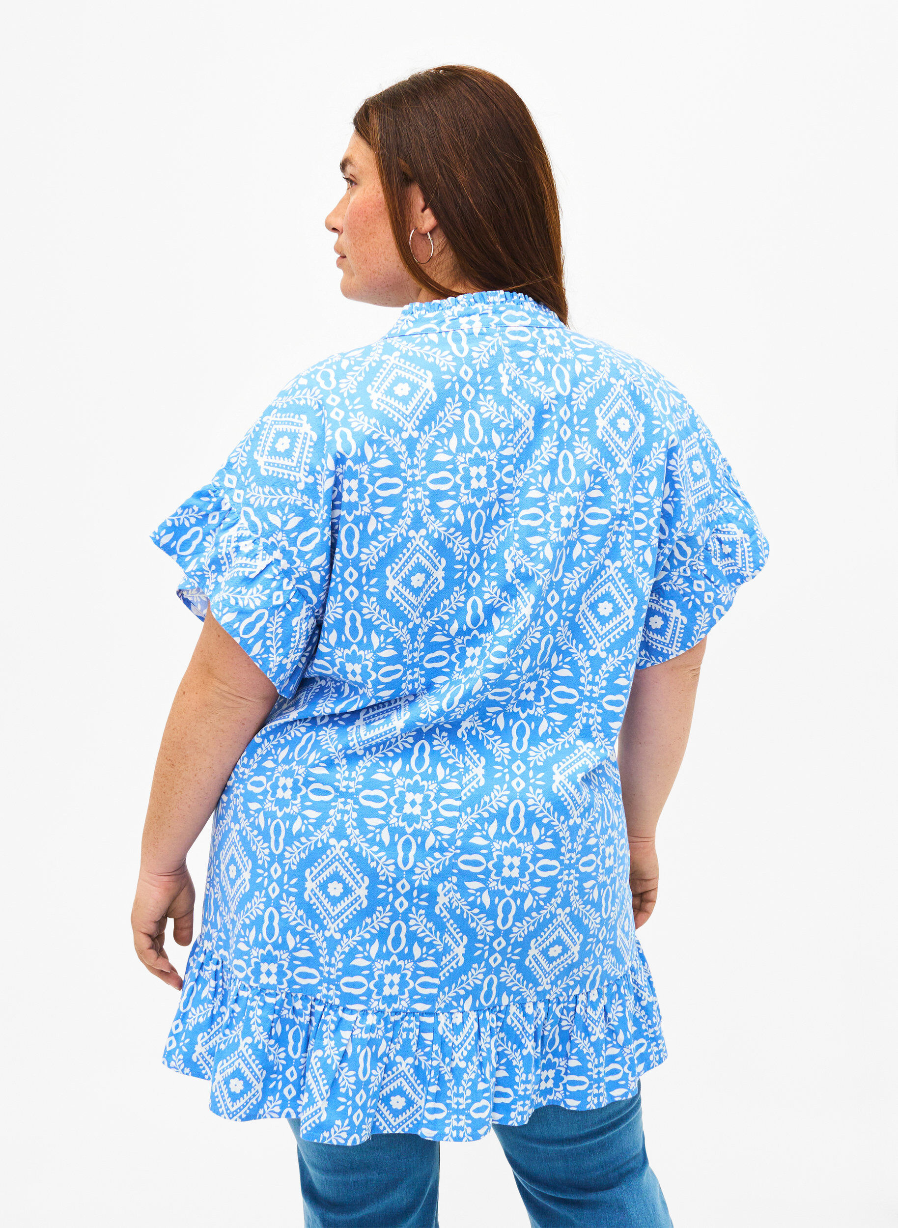 Zizzi Blomstret bomullstunika i bomull, Marina Flower AOP, Model image number 1