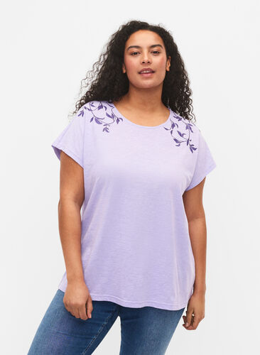 T-skjorte i bomull med mønsterdetalj, Lavender C Leaf, Model image number 0
