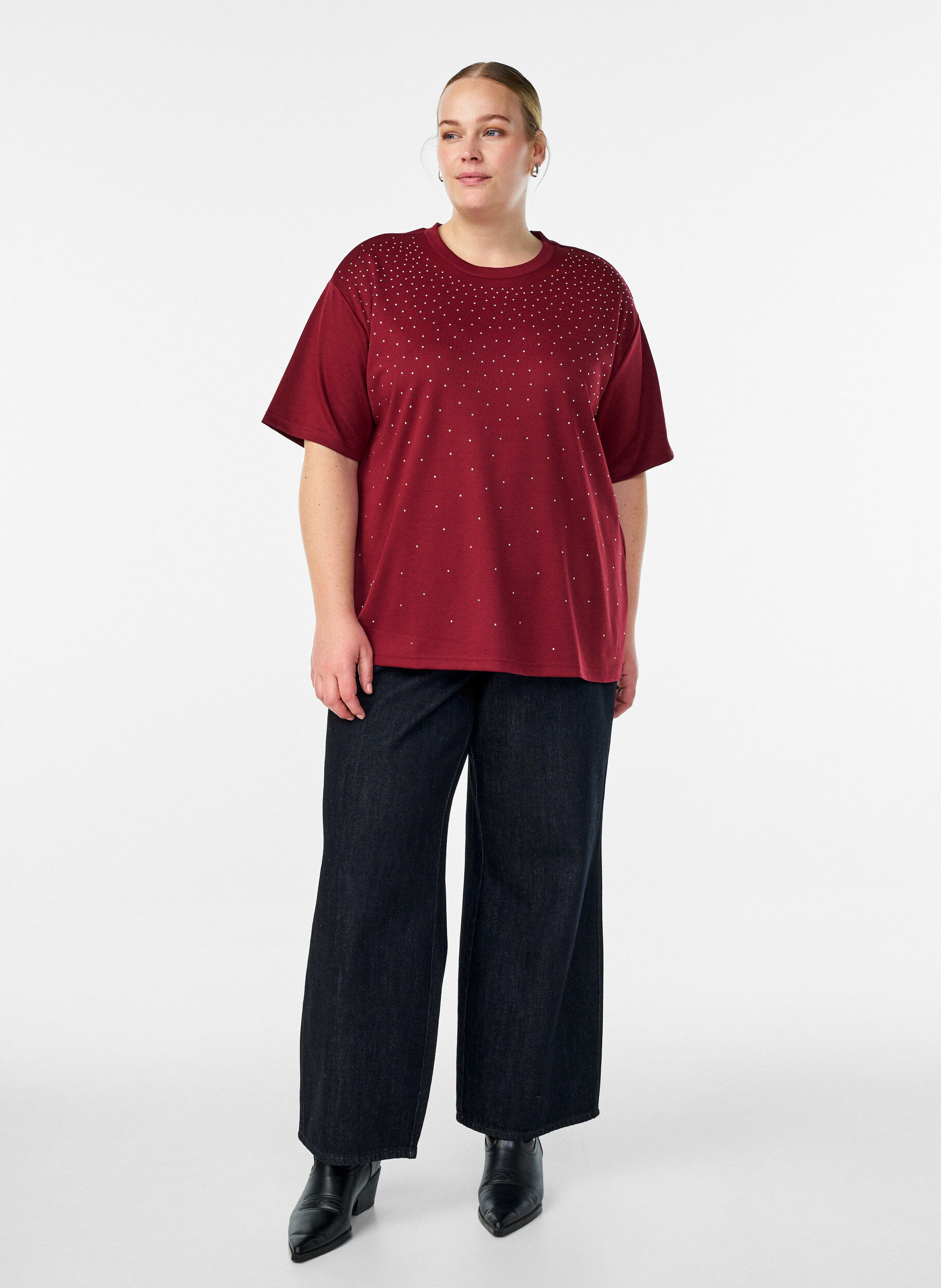 ZizziT-skjorte med rhinesteiner og rund hals, M&oslash;rk Bordeaux, Model image number 1