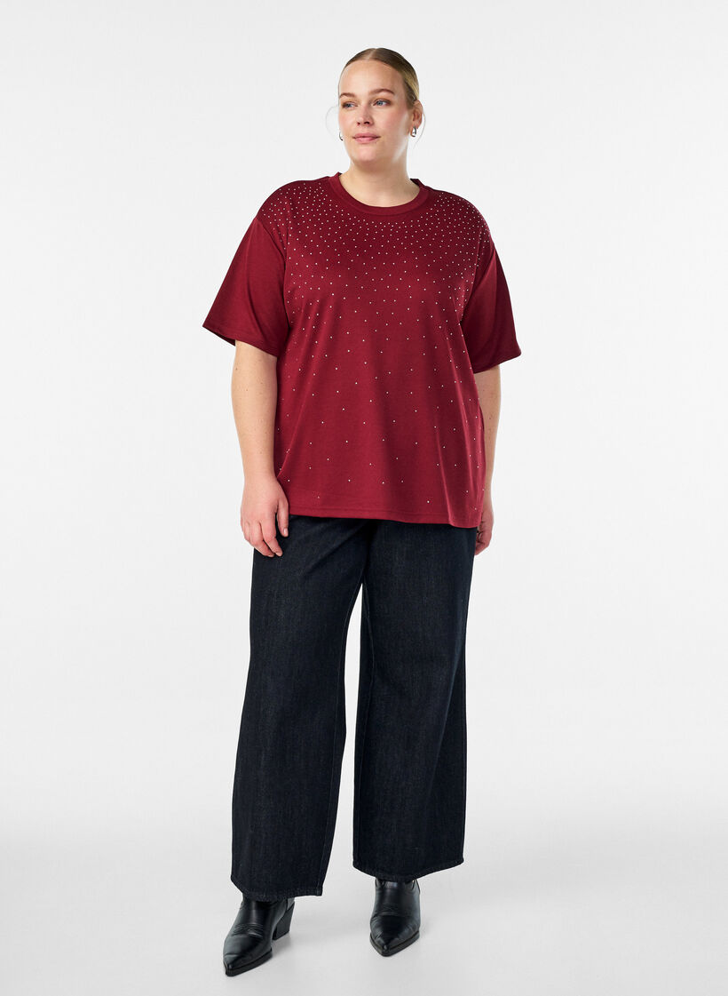 T-skjorte med rhinesteiner og rund hals, M&oslash;rk Bordeaux, Model image number 1