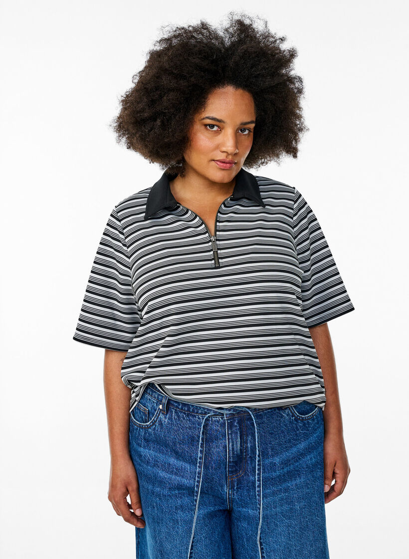 Stripete poloskjorte med korte ermer og glidelås, Svart, Model image number 0