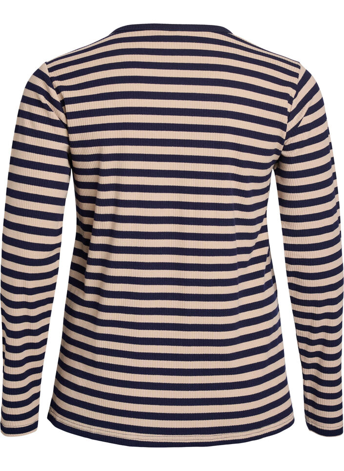 Stripete bluse med lange ermer, Beige, Packshot image number 1