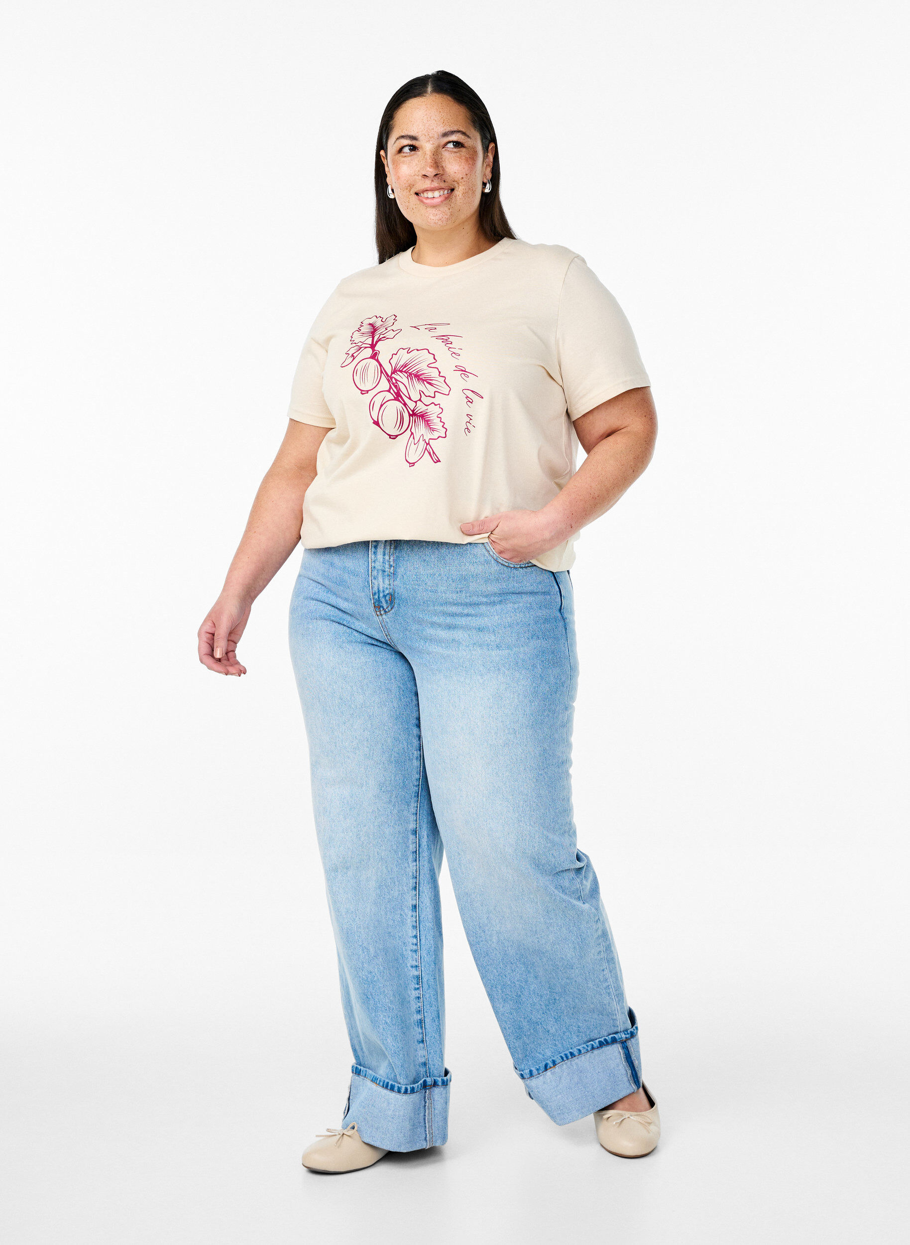 Zizzi Bomulls T-skjorte med trykk, Beige, Model image number 1