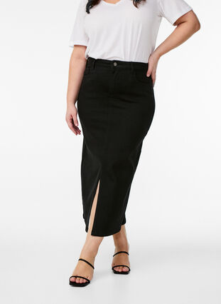 Zizzi FLASH - Midiskjørt i denim med splitt foran, Svart, Model image number 2
