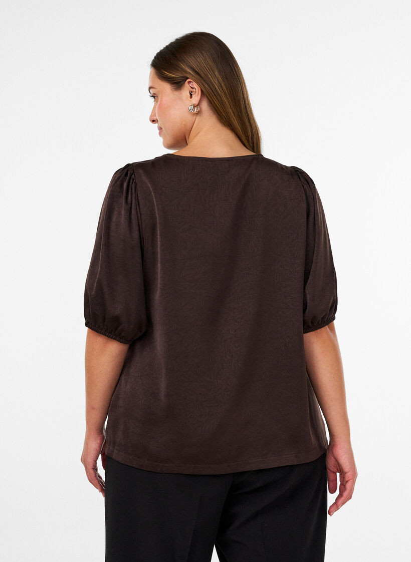 Satengbluse med sl&oslash;yfer og albuelange ermer, Brun, Model image number 2