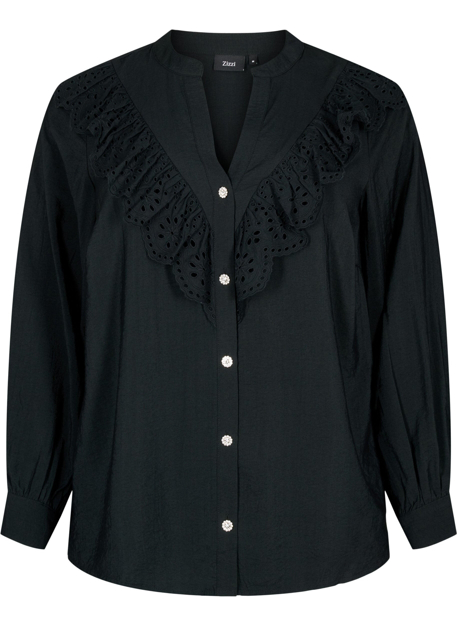 Zizzi Skjortebluse i viskose med volanger, Black, Packshot image number 0
