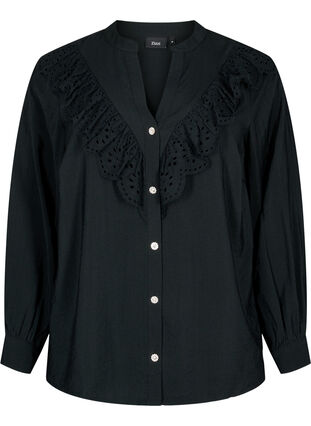Skjortebluse i viskose med volanger, Black, Packshot image number 0