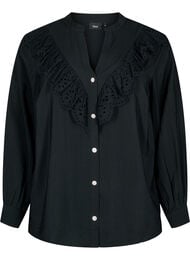 Skjortebluse i viskose med volanger, Black, Packshot