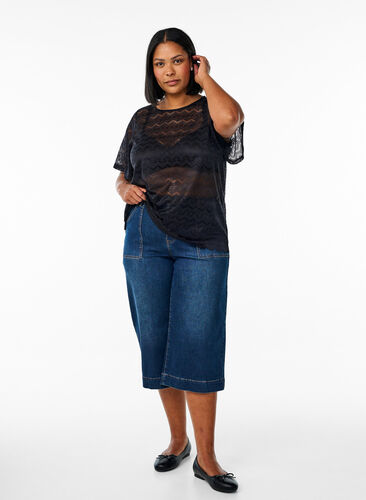 Zizzi Blondebluse med korte ermer og bølget faldkant, Svart, Model image number 1