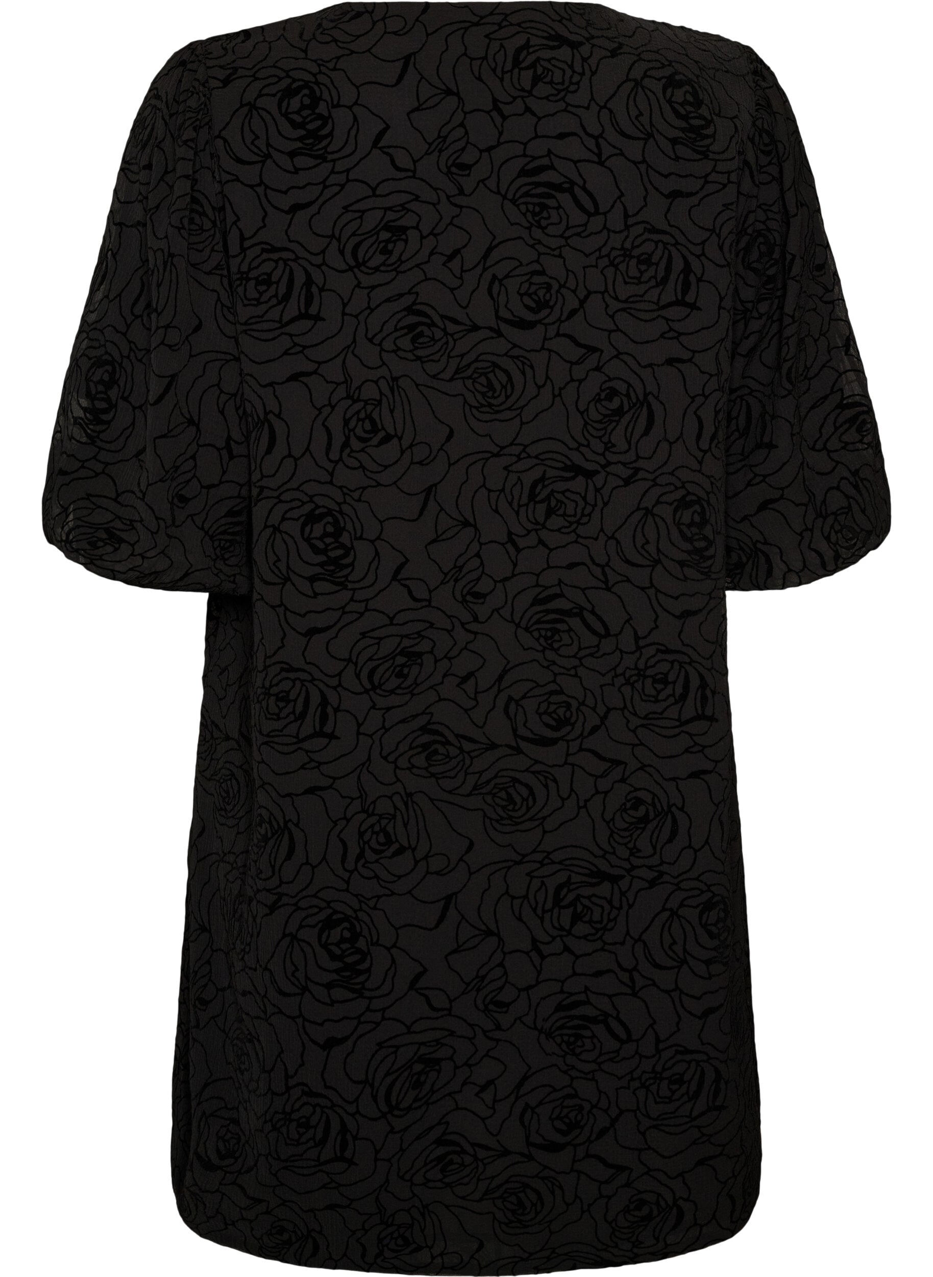 ZizziKort kjole med rosetrykk og knapper, Svart, Packshot image number 1