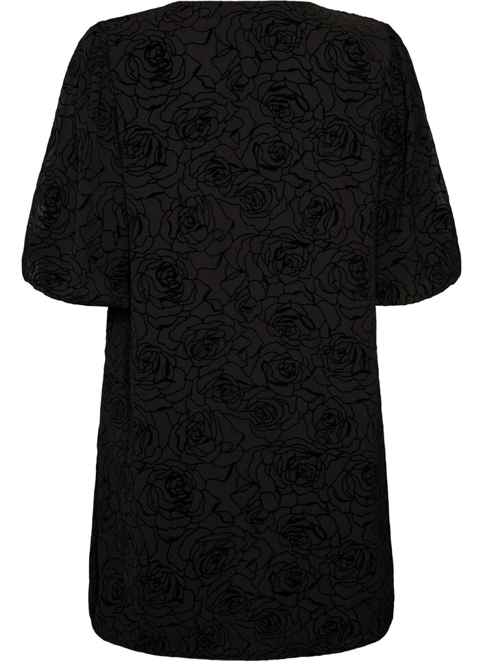 Kort kjole med rosetrykk og knapper, Svart, Packshot image number 1