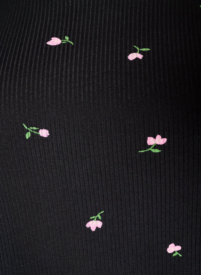 Pyjamatopp med blomstertrykk og ribbet tekstur, Svart, Packshot image number 2