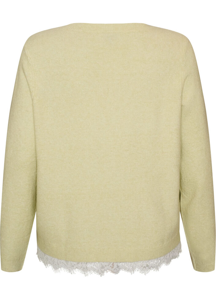 Strikkebluse med blondekant nederst, Gr&oslash;nn, Packshot image number 1
