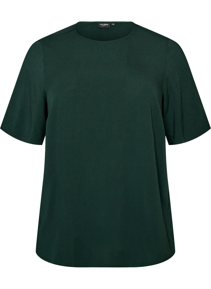 Vevet bluse med korte ermer og rund hals, Gr&oslash;nn, Packshot image number 0