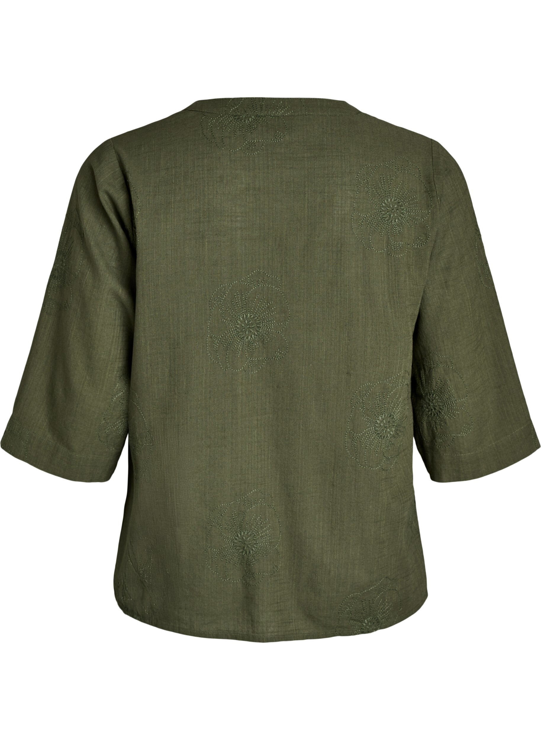ZizziBluse i bomull med broderte detaljer og 3/4-ermer, Gr&oslash;nn, Packshot image number 1
