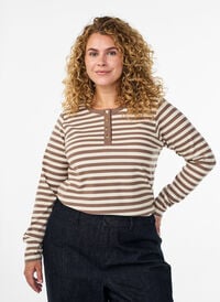 Stripete jerseybluse med ribbet tekstur, Vanilje Stripete jerseybluse med ribbet tekstur, Vanilje, Model