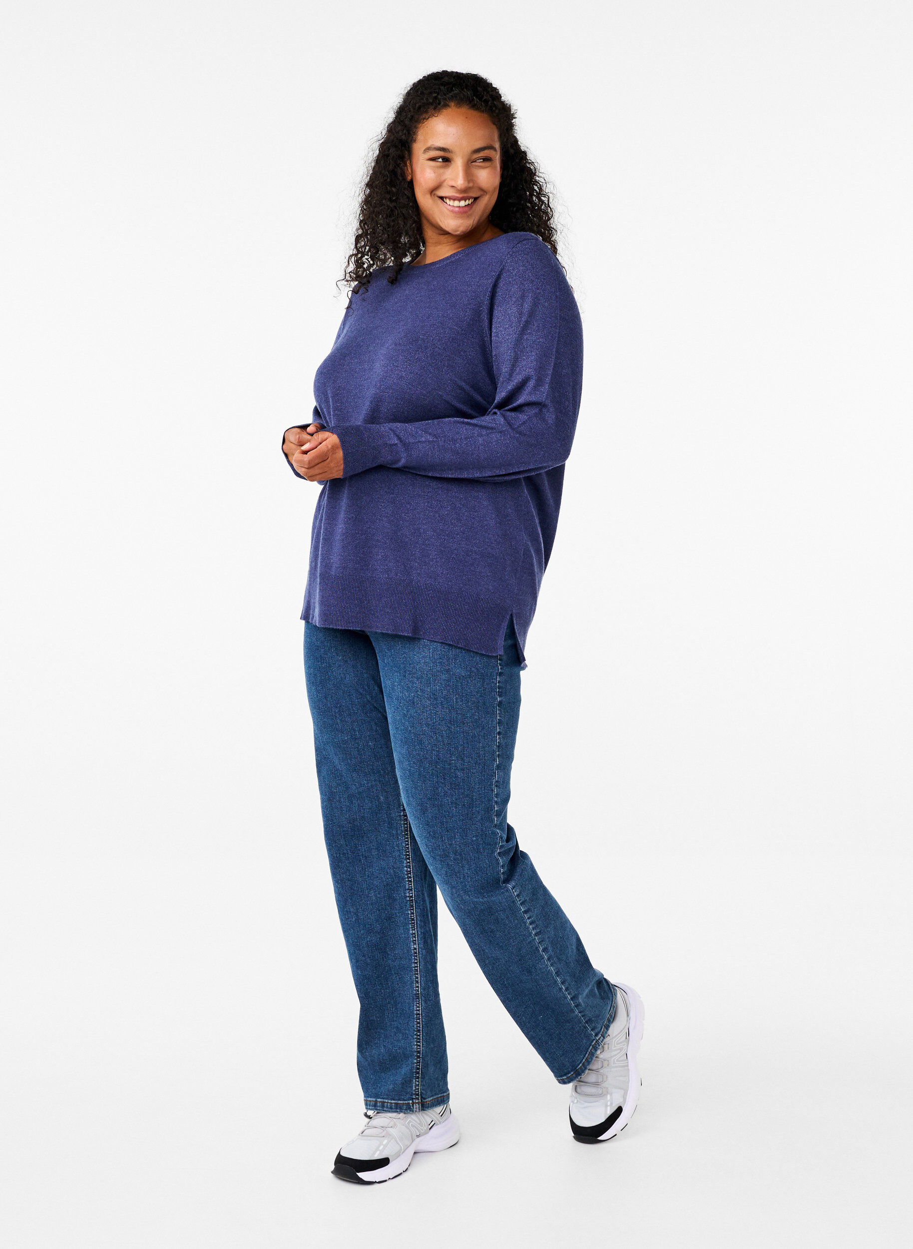 ZizziLangermet strikket bluse med splitt, Bl&aring;, Model image number 1