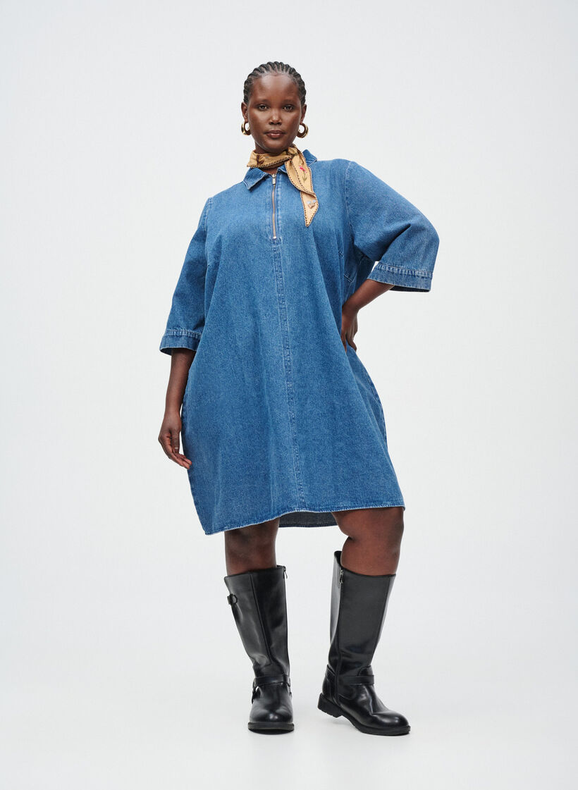 Kort denimkjole med glidelås og 3/4 ermer, Blue Denim, Image