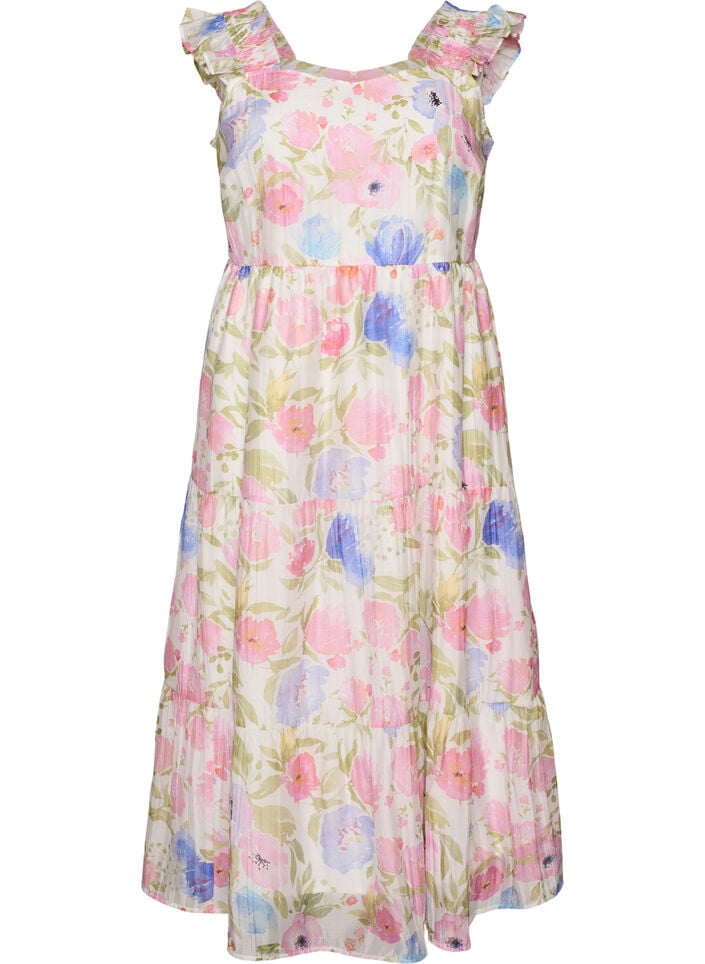 Lang blomstrete kjole i lyocell med volanger, Hvit, Packshot image number 0