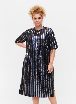Kortermet paljettkjole med splitt, Evening Blue Stripe , Model image number 0